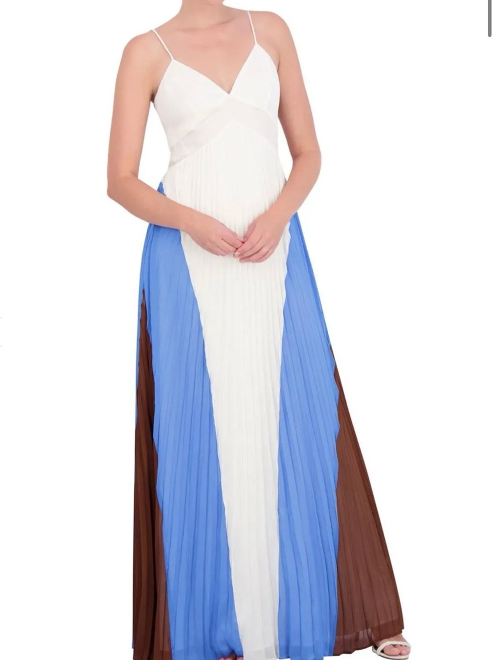 BCBGMaxAzria White, Blue & Brown Pleated Maxi Dress